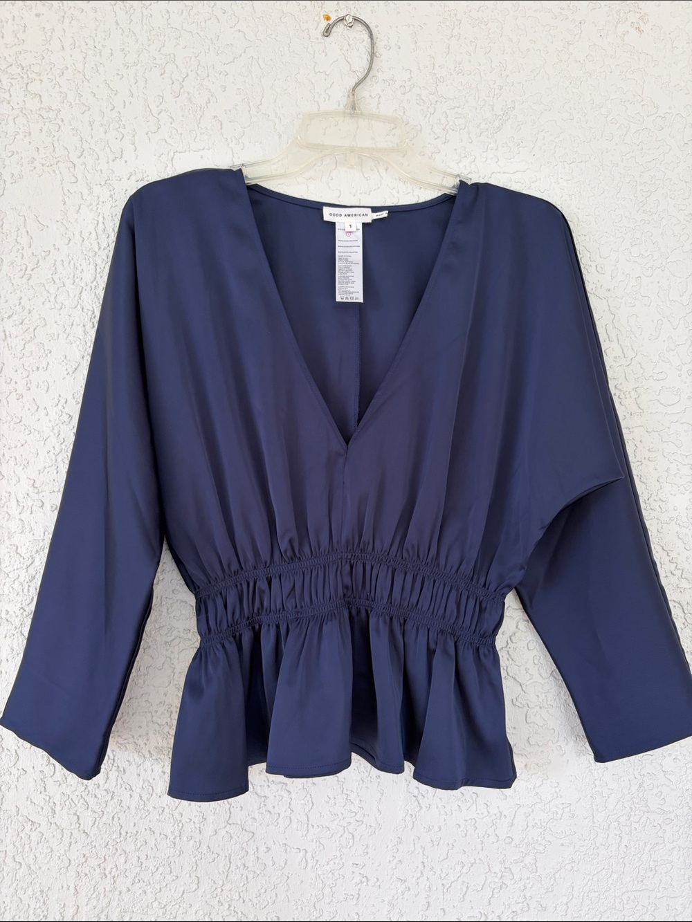 Good American Navy V-Neck Smocked Peplum Top size 1
